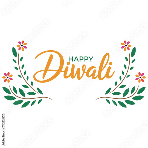 Elegant golden happy diwali text with floral embellishments and festive greetings