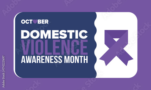 Domestic Violence Awareness Month in October. Celebrate annual in United States. Awareness purple ribbon. Day of Unity. Prevention campaign. Stop women abuse. Poster, banner and background. Vector