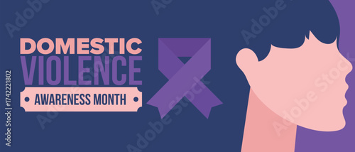 Domestic Violence Awareness Month in October. Celebrate annual in United States. Awareness purple ribbon. Day of Unity. Prevention campaign. Stop women abuse. Poster, banner and background. Vector