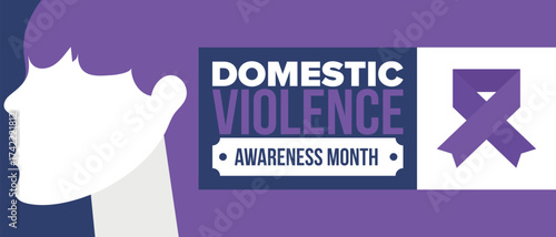 Domestic Violence Awareness Month in October. Celebrate annual in United States. Awareness purple ribbon. Day of Unity. Prevention campaign. Stop women abuse. Poster, banner and background. Vector