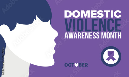 Domestic Violence Awareness Month in October. Celebrate annual in United States. Awareness purple ribbon. Day of Unity. Prevention campaign. Stop women abuse. Poster, banner and background. Vector