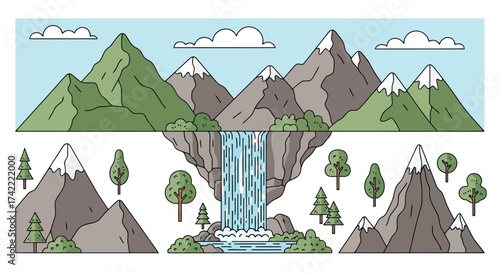Scenic mountain landscape with waterfall and forest, flat illustration vector design