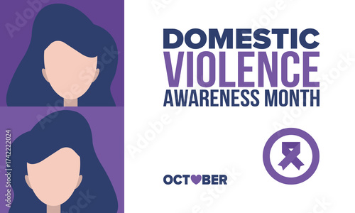 Domestic Violence Awareness Month in October. Celebrate annual in United States. Awareness purple ribbon. Day of Unity. Prevention campaign. Stop women abuse. Poster, banner and background. Vector