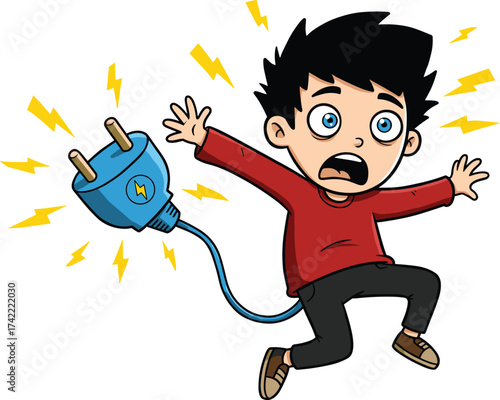 Cartoon man shocked by electric plug, humorous electricity danger illustration, safety warning concept, exaggerated reaction character, comic style accident, energy hazard awareness artwork