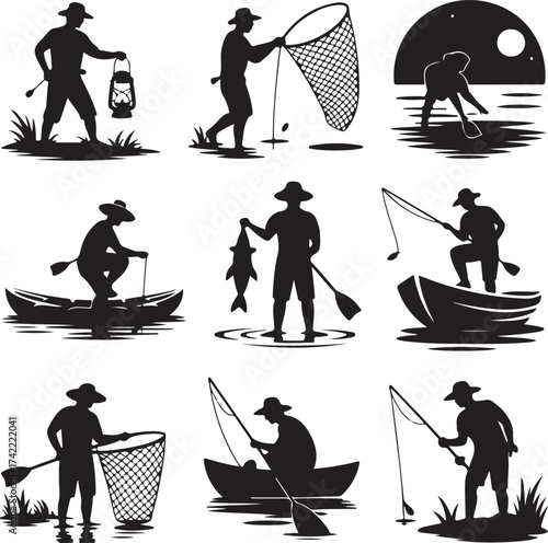 Black and White Vector Illustration of Fisherman Silhouettes in Various Fishing Activities by the Water Perfect for Design Elements