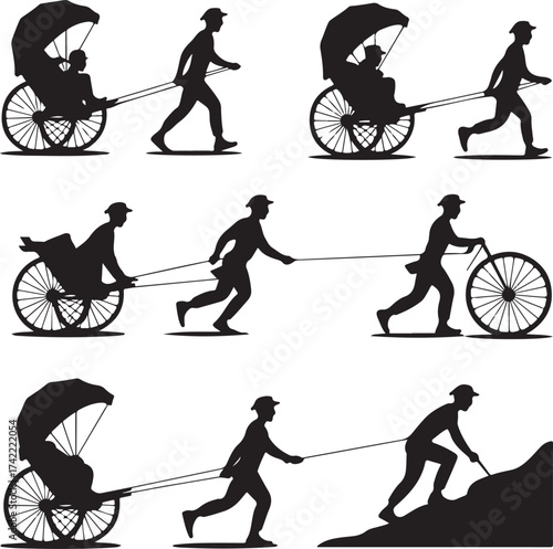 Silhouettes of Rickshaw Pullers in Action Conveying Passengers a Glimpse into Traditional Urban Transport and Human Powered Mobility