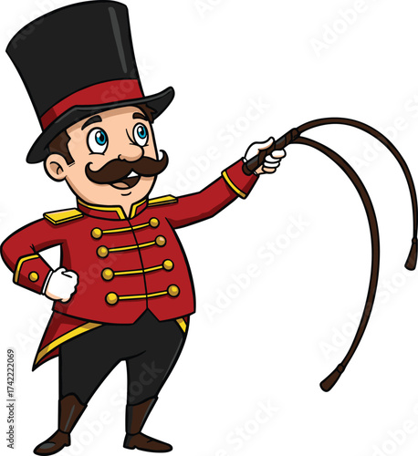 Cartoon circus ringmaster character, vector illustration with top hat, red coat, gold trim, mustache, whip in hand, confident pose, traditional circus performance, entertainment design