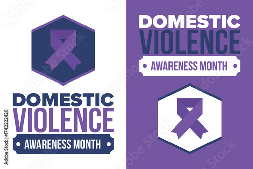 Domestic Violence Awareness Month in October. Celebrate annual in United States. Awareness purple ribbon. Day of Unity. Prevention campaign. Stop women abuse. Poster, banner and background. Vector