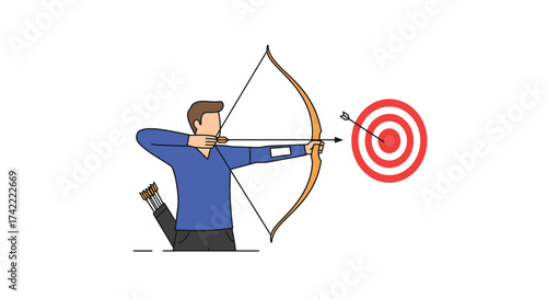 Archer aims bow and arrow at target practicing precision and focus for competition isolated on transparent background
