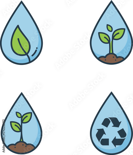 Four water drop icons symbolizing environmental growth sustainability and recycling concepts flat design isolated on transparent background