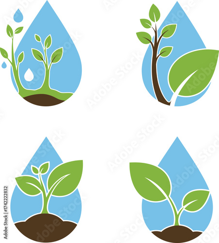Four water droplet icons featuring sprouting plants symbolizing growth and nature isolated on transparent background