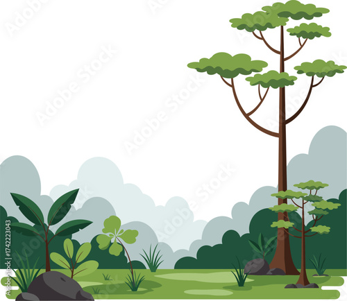 Serene forest landscape with tall trees and lush greenery ideal for nature-themed designs isolated on transparent background