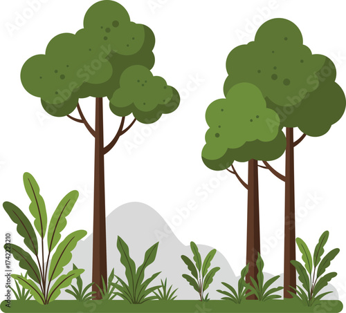 Stylized flat design tropical forest scene with lush green trees and plants in a natural landscape isolated on transparent background