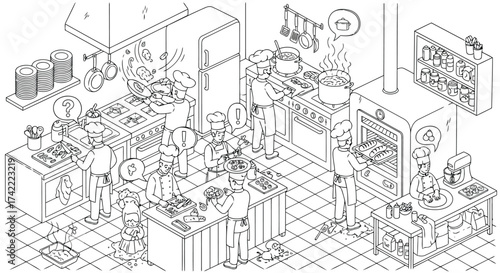 Busy restaurant kitchen with chefs and equipment in action vector design