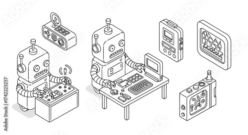 Retro robots and gadgets vector design