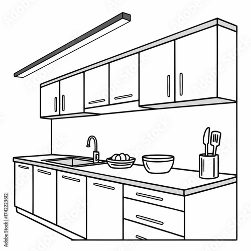 Vector art of a captivating line art illustration showcases a kitchen interior with cabinets, a sink, and various kitchenware, all rendered in a clean, minimalist style
