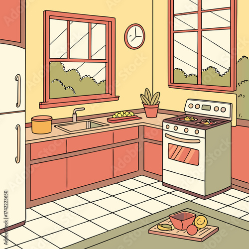 Vector art of a cozy kitchen illustration featuring a stove, sink, and window, creating a warm and inviting atmosphere with a touch of domestic charm and a hint of culinary inspiration