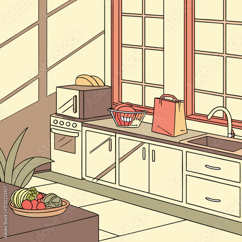 Vector art of a modern kitchen illustration showcasing a microwave, sink, and window, creating a bright and functional space with a touch of minimalist elegance and a hint of culinary delight