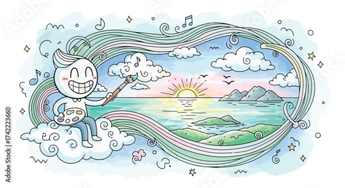 Whimsical cartoon cat riding rainbow over ocean and islands vector design