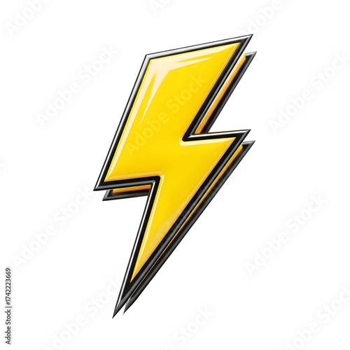 Yellow bolt symbol graphic with metallic edges isolated on transparent background