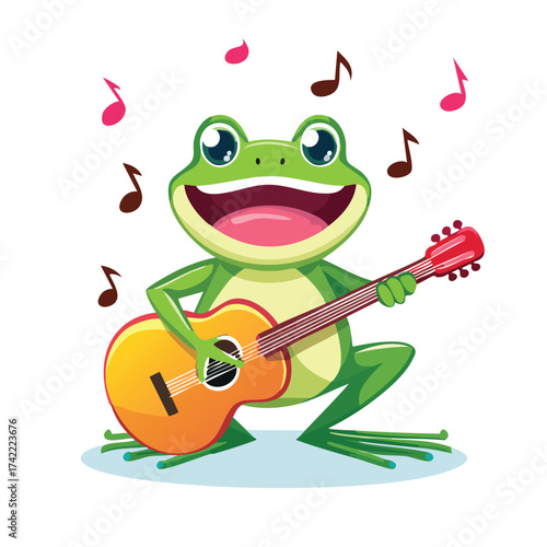 Smiling amphibian serenades with acoustic stringed instrument
