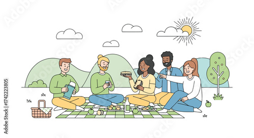 Group of friends enjoying a picnic in a park with food and drinks vector design