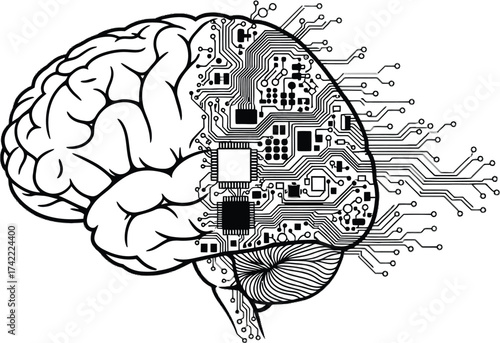 Vector art of human brain with circuit board, representing artificial intelligence, machine learning, and neural network concept