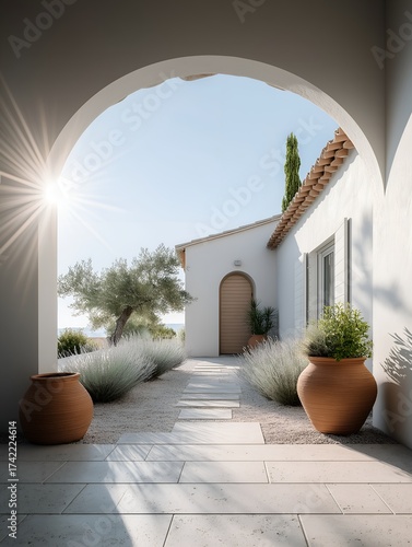 Mediterranean villa entrance at sunset with terracotta pots, colorful flowers and olive trees, warm inviting scene ideal for travel magazine, lifestyle blog or summer catalog