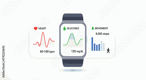 Vector art of smartwatch displaying heart rate, glucose level, and movement for health monitoring and fitness tracking application