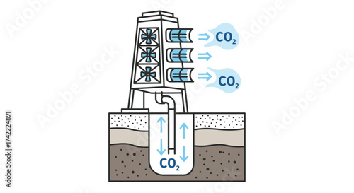 Carbon capture and storage technology, showing a tower capturing co2 from the air and injecting it underground