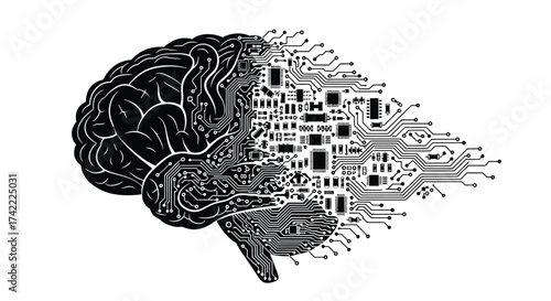 Conceptual illustration of a brain with circuit board patterns, representing artificial intelligence and technological advancement