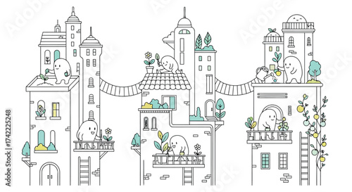 Whimsical interconnected buildings with bridges and greenery illustration vector design