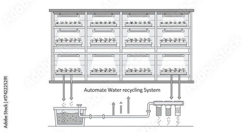 Automated water recycling system in vertical farm hydroponic farming with water purification and reuse technology