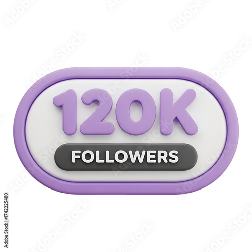 Purple and white oval button with 120k followers text isolated on transparent background