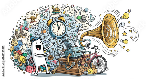 Whimsical illustration of creativity with clocks and musical instruments vector design