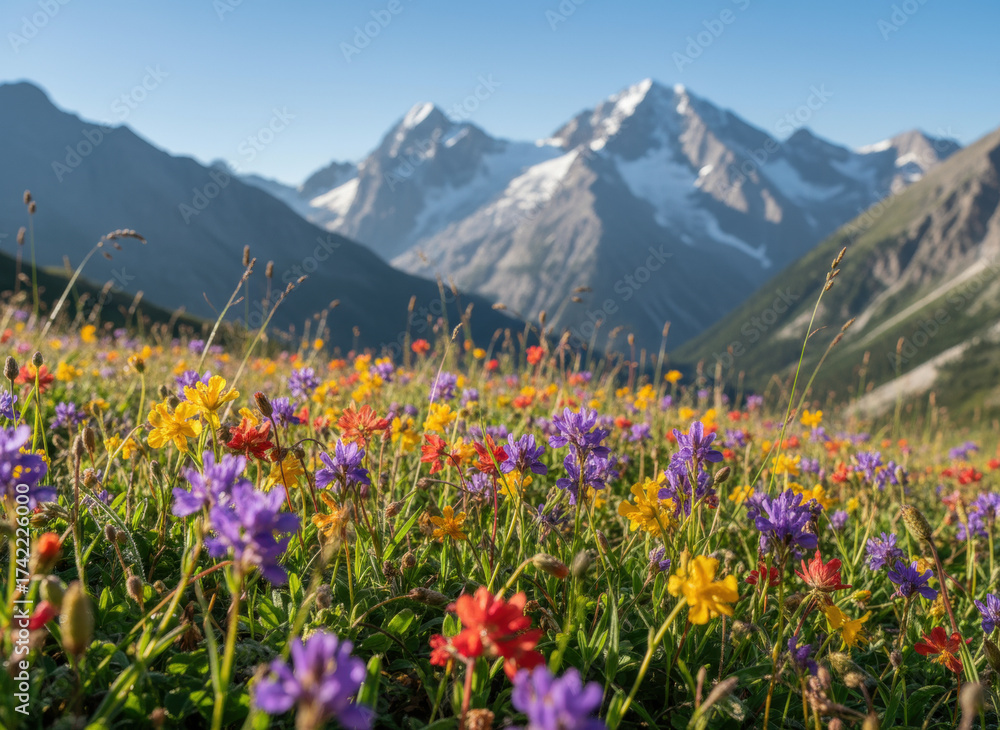Fototapeta premium Wildflowers blooming in a vibrant alpine meadow beneath majestic snow capped mountains on a clear summer morning