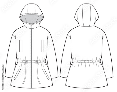 Womans warm jacket with drawstring at the waist