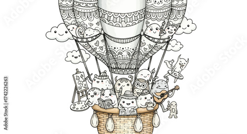 Whimsical hot air balloon with animals and intricate patterns floating vector design