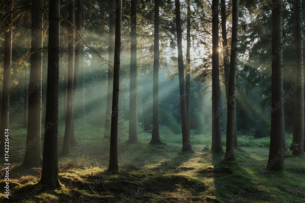 Fototapeta premium Sunlight shining through the forest trees view