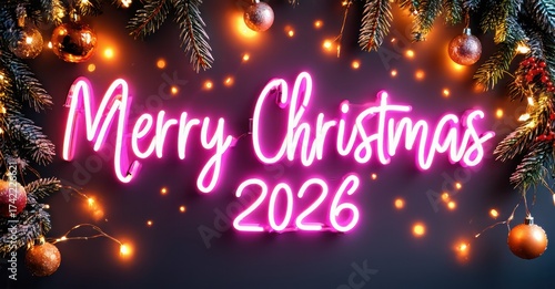 Wallpaper Mural Bright pink neon sign displays Merry Christmas 2026. Festive decorations include ornaments, pine branches, warm lights. Background is dark, creating contrast. Torontodigital.ca