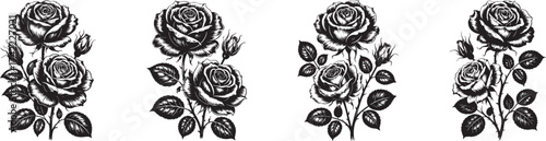 Four striking black and white rose drawings capturing floral elegance and the delicate beauty of nature, created with stark contrast and detail.