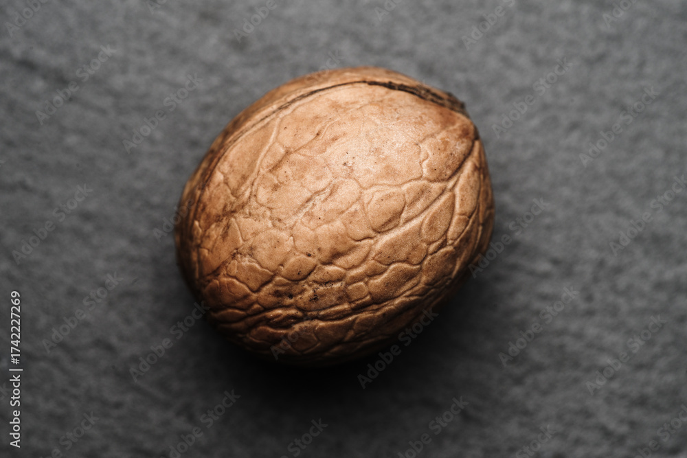 Obraz premium pojedynczy orzech włoski na ciemnym jednolitym tle