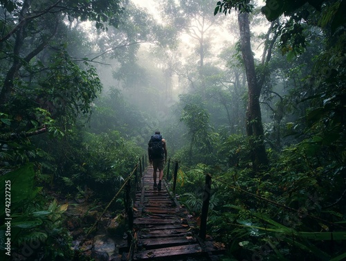 Backpacker crossing a wooden bridge in a dense jungle, mist rising from the forest, generated image
