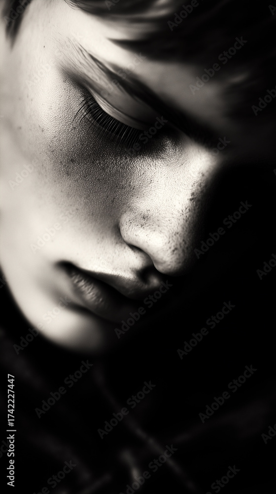 Fototapeta premium Black and white portrait of woman with closed eyes and dramatic shadows on face. Artistic closeup showing natural skin texture, freckles and peaceful expression. Monochrome beauty and emotion concept.
