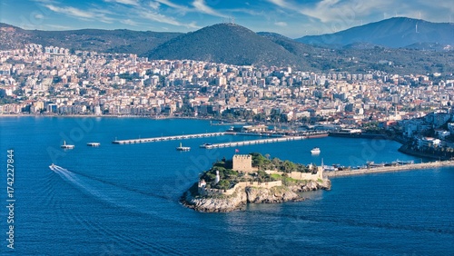 Bild auf Leinwand Aerial View of Pigeon Island (Güvercinada) in Kusadasi, Turkey – Historic Fortre