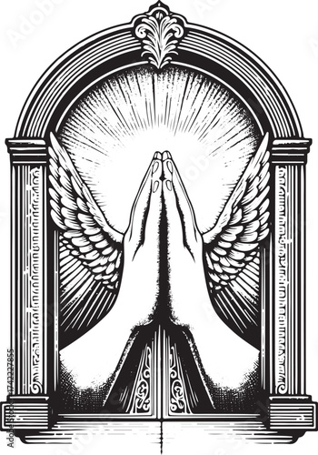 Stunning angel wings embrace praying hands bathed in divine light within ornate architectural frame, symbolizing hope and spiritual connection.