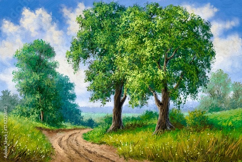 Wallpaper Mural Summer landscape, road, trees in the field, oil paintings landscape Torontodigital.ca
