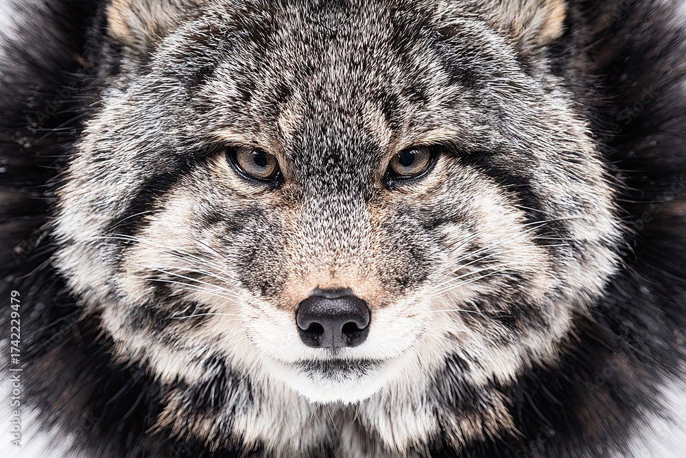 Obraz premium Intense close-up of a gray wolf with piercing eyes