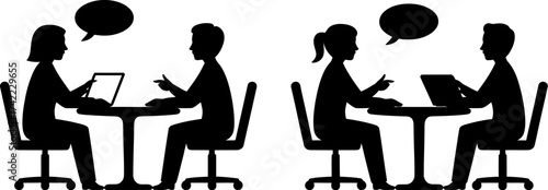 Two pairs of people in silhouette, engaged in conversation and working on laptops at tables, symbolizing collaboration and communication.