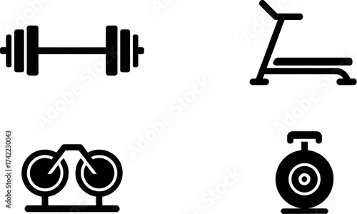 Collection of simple, modern icons representing fitness equipment for a healthy lifestyle.
